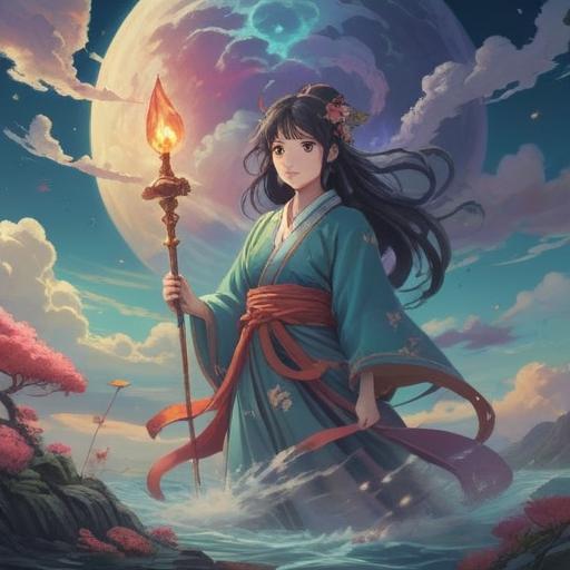 A mystical and spiritual depiction of Fujigasaki Ryujin, surrounded by ethereal clouds and shimmering water, embodying divine energy, vibrant scales reflecting light, a tranquil forest in the background, serene atmosphere, grace and power, intricate details showcasing the deity's cultural significance, 4k