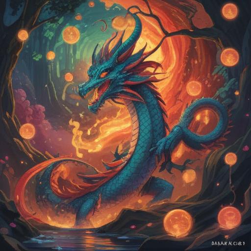 A serene illustration of Fujikasaki Ryujin, a mystical dragon spirit, surrounded by glowing symbols of good fortune, ethereal light emanating from the dragon, peaceful waters reflecting a clear sky, blooming cherry blossoms in the foreground, a tranquil atmosphere, divine aura, 4k