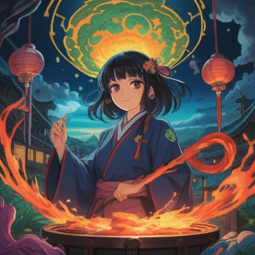 A vibrant illustration capturing the essence of Fujigasaki Ryujin's power, a mystical atmosphere, a glowing lucky charm radiating energy, intricate details of traditional Japanese elements, a serene landscape reflecting tranquility, soft sunlight filtering through cherry blossom trees, colorful patterns symbolizing good fortune, harmonious blend of nature and spirituality, 4k