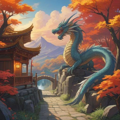 A serene landscape featuring a majestic dragon symbolizing the power of Fujikasaki Ryujin, a tranquil pathway illuminated by soft sunlight, lush greenery surrounding the path, a sense of harmony and balance, people walking along the path with expressions of determination and reverence, traditional Japanese architecture in the background, emphasizing connection with nature and divine energy, vibrant colors, calming atmosphere, 4k