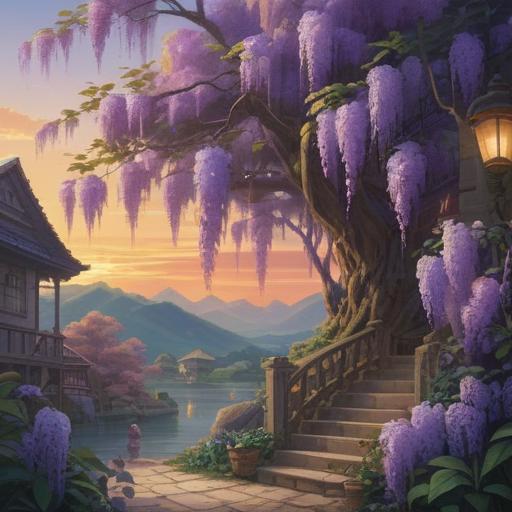 A serene and mystical landscape featuring wisteria flowers, a tranquil scene reflecting the spiritual significance of wisteria, vines gracefully cascading, soft purple hues, gentle sunlight filtering through the blossoms, meditative atmosphere, symbolizing peace and harmony, detailed nature background, ethereal light effects, calming presence, 4k