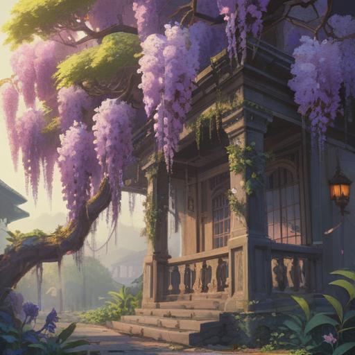 A serene spiritual illustration featuring wisteria flowers in full bloom, cascading tendrils creating a beautiful canopy, soft light filtering through the petals, a tranquil garden setting, symbolic representations of peace and enlightenment, gentle breeze causing petals to float, harmonious color palette, inviting atmosphere, 4k