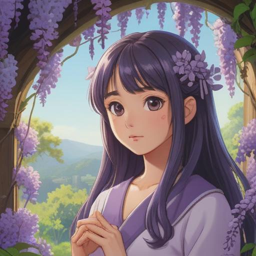 A serene garden filled with blooming wisteria flowers, spiritual symbols subtly integrated among the blossoms, soft sunlight filtering through the petals, a tranquil atmosphere, a figure meditating in the background, surrounded by the beauty of nature, vibrant purple and green hues, the essence of mindfulness, 4k