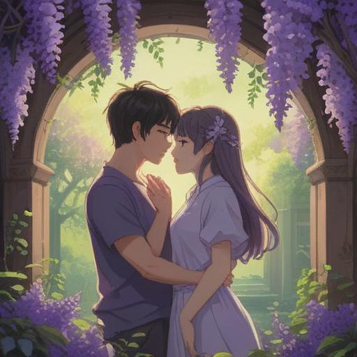 A serene scene capturing a lucky charm inspired by wisteria flowers, intricate charm design, vibrant purple wisteria blooms, delicate petals gently falling, soft sunlight filtering through leaves, whimsical atmosphere, nature-inspired details, 4k