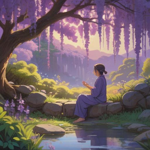 A serene scene capturing a person meditating under a cascade of wisteria flowers, gentle sunlight filtering through the blossoms, vibrant purple hues, soft petals swirling in the air, tranquil expression on the person's face, lush green surroundings, energy radiating from the flowers, harmonious connection with nature, peaceful ambiance, 4k