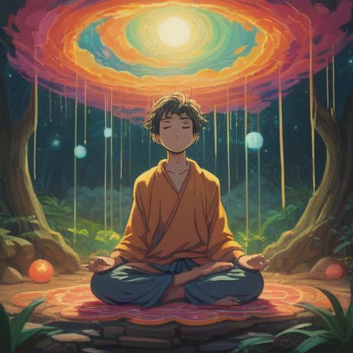 A serene scene depicting spiritual emergence, ethereal light illuminating a tranquil space, a person meditating with open eyes, surrounded by swirling energies, symbols of awakening, peaceful expression, nature elements like trees and birds in the background, harmonious colors, calming atmosphere, invoking introspection and healing.