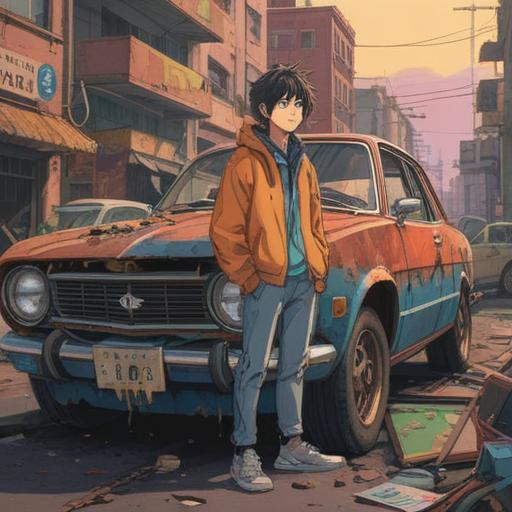 A reflective illustration of personal growth after a hit-and-run incident, a young person standing by a damaged car, emotional expression conveying resilience, urban setting with subtle signs of distress, rays of hope breaking through cloudy skies, symbolizing healing and understanding, soft focus on background details, 4k