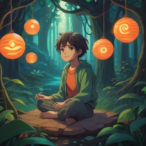 A serene and calming illustration of a person meditating in a peaceful forest, surrounded by glowing light orbs, vibrant and lush greenery, gentle sunlight filtering through the trees, a soothing aura radiating from the individual, symbols of positive energy and transformation, harmonious environment, uplifting atmosphere, 4k