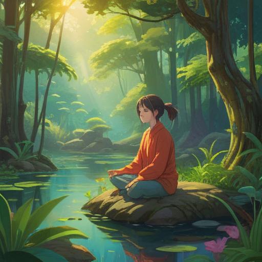 A serene illustration depicting a person meditating in nature, vibrant colors, lush greenery surrounding a tranquil pond, soft morning light filtering through the trees, butterflies gently fluttering, symbols of transformation in the air, calm expression on the person's face, the aura of spiritual growth, 4k