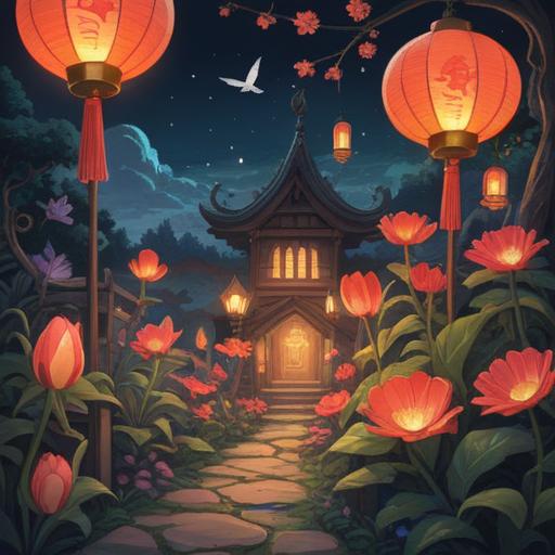 A serene illustration of a lantern flower illuminating a tranquil night, soft ethereal glow, surrounded by mystical symbols representing spiritual awakening, delicate petals reflecting moonlight, calming landscape with gentle breezes, harmonious blend of nature and spirituality, 4k
