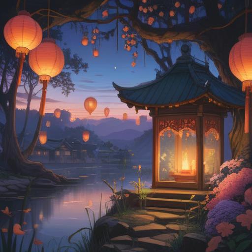 A serene illustration of lantern flowers glowing gently in the twilight, magical ambiance, ethereal light illuminating the surroundings, soft wisps of mist, symbolizing spiritual guidance and positive signs, intricate details of petals and vines, peaceful nature scene, expression of hope and transformation, 4k