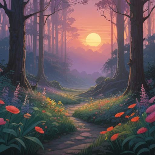 A serene forest scene at twilight, gentle glowing flowers illuminating the surroundings, ethereal spirits subtly visible among the trees, a calm atmosphere inviting contemplation, hints of ancient wisdom in the air, soft light casting shadows, vivid colors blending harmoniously, representing spiritual awareness, 4k