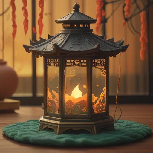 A serene and inviting scene featuring a beautiful incense holder shaped like a lantern, delicate smoke swirling around, warm golden light illuminating the surroundings, soothing colors of amber and green, calming atmosphere, detailed textures of the incense and holder, peaceful nature elements in the background, harmonious design, 4k