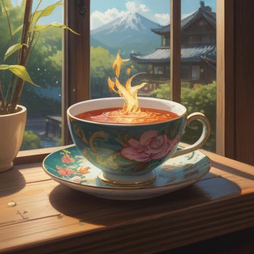 A serene scene depicting a traditional Japanese teacup shattered on a wooden surface, gentle sunlight filtering through a nearby window, symbolic elements representing spirituality, such as soft glowing orbs and delicate cherry blossoms, tranquil atmosphere, hints of wisdom and renewal, embracing the concept of transformation, 4k