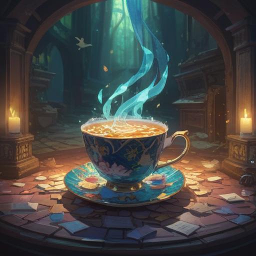 A serene and mystical scene depicting a broken teacup, subtle energy swirling around, faint light rays illuminating the shards, symbols of spiritual significance floating in the air, calming colors and ethereal atmosphere, representing caution and awareness, 4k