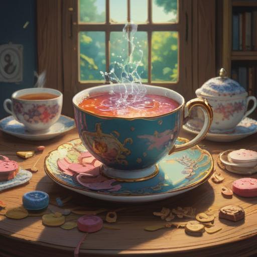 A serene setting featuring a broken teacup on a wooden table, pieces scattered gently, a person reflecting on their emotions, soft natural light filtering through a window, a sense of calm amidst chaos, mindfulness practice, introspective atmosphere, delicate details, 4k