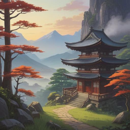 A serene landscape of Yudonosan mountain, sacred atmosphere, mist enveloping the peak, ancient Shinto shrine, spiritual energy emanating, lush forests surrounding, tranquil reflection in water, calming color palette, meditative ambiance, connection to nature, 4k