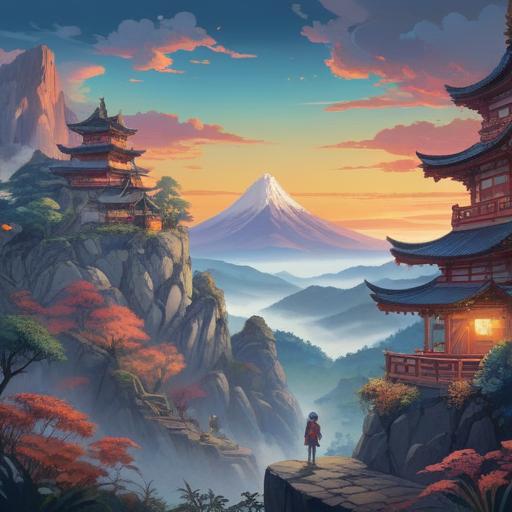 A serene landscape of Yudonosan mountain, misty and ethereal atmosphere, spiritual symbols subtly integrated into the scenery, vibrant colors reflecting nature's tranquility, a path leading to a tranquil shrine, gentle flowing water nearby, an aura of positivity and enlightenment, harmonious balance of nature and spirituality, 4k