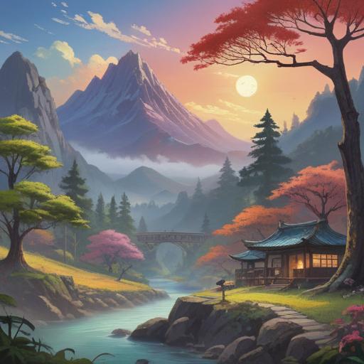A serene mountain scene at Yudonosan, mystical aura, ethereal light filtering through trees, symbolic signs of spirituality, gentle mist rising, calm reflection in water, inviting atmosphere for introspection, deep connection with nature, vibrant colors, tranquil energy, 4k