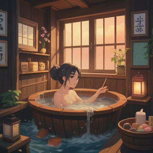 A tranquil scene of a person soaking in a traditional Japanese wooden bathtub, steam rising gently, soft ambient lighting, serene expression on the person's face, surrounded by natural elements like bamboo and stones, peaceful and meditative atmosphere, reflecting spiritual clarity, harmony with nature, 4k