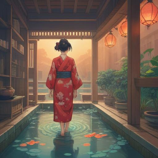 A serene illustration of a person stepping out of a traditional Japanese bath, gentle steam rising, subtle light illuminating the space, ethereal symbols floating in the air, calming water reflections, a sense of tranquility, peaceful expression, natural elements surrounding the bath area, 4k