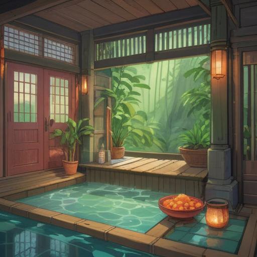 A serene illustration of a traditional Japanese bath, filled with steam and surrounded by calming nature elements, lucky items like bamboo, crystals, and incense add to the ambiance, soft light filtering through, creating a peaceful and spiritual atmosphere, detailed textures of water and wood, 4k