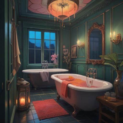A serene scene of a cozy bathroom, soft candlelight illuminating the space, a comfortable bathtub filled with warm water, soothing aromas of essential oils, a person practicing mindfulness, relaxed facial expression, calming music notes in the air, gentle steam rising, atmosphere of tranquility, 4k