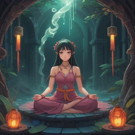 A mystical scene depicting ethereal steam rising, ancient symbols in the background, soft glowing lights, calm serene atmosphere, a figure in meditation surrounded by nature, subtle aura around the figure, the air thick with spiritual energy, 4k