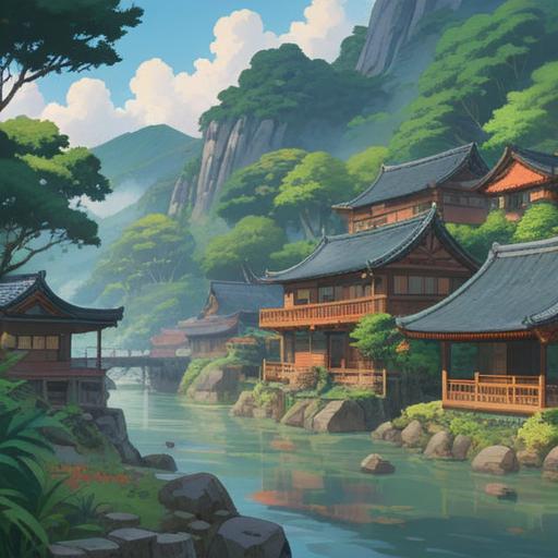 A serene landscape of a hot spring village in Wakayama, mist rising above warm waters, lush greenery surrounding the area, traditional Japanese architecture, symbolizing tranquility and spirituality, peaceful atmosphere, vibrant autumn leaves, healing energy emanating from the springs, inviting pathways leading to spiritual retreats, 4k