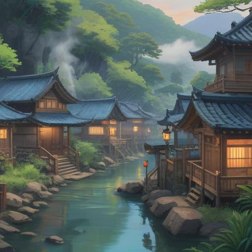 A serene landscape depicting a hot spring village in Wakayama, surrounded by lush greenery and mist, incorporating traditional Japanese architecture, steam rising from the onsen waters, tranquil atmosphere, soft sunlight filtering through the trees, cultural symbols representing spiritual blessings, a peaceful river flowing nearby, harmony with nature, detailed scenery, 4k