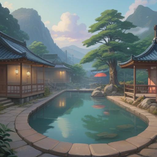 A serene landscape in Wakayama's Yunomori, mist rising from natural hot springs, spiritual symbols subtly integrated into the scenery, a peaceful atmosphere, ancient trees with mystical energies, a glimpse of traditional Japanese architecture, soft sunlight filtering through the foliage, inviting and calming environment, 4k