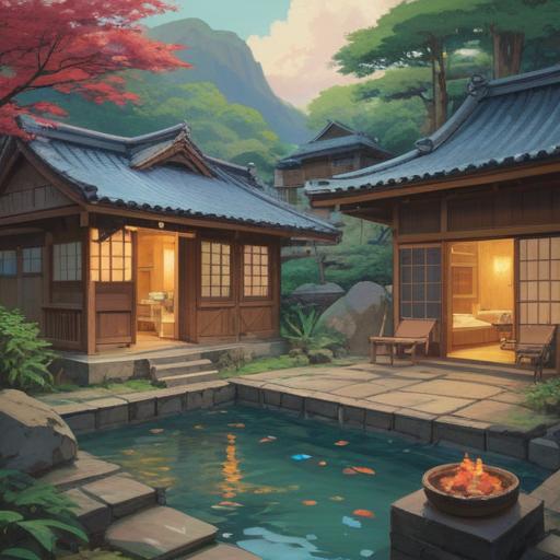 A serene Japanese hot spring village in Wakayama, lush greenery surrounding traditional ryokan, people enjoying outdoor baths, picturesque mountains in the background, cherry blossoms in bloom, tranquil atmosphere, soft steam rising from the water, detailed wooden architecture, 4k