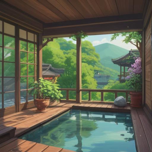 A serene landscape featuring a traditional Japanese onsen village, lush green mountains in the background, flowing hot spring waters, wooden ryokan with steam rising, visitors enjoying a relaxing soak, cherry blossom trees in full bloom, warm and inviting atmosphere, 4k