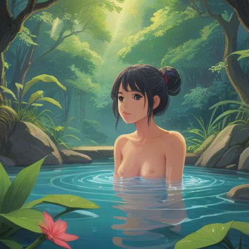 A serene and tranquil illustration of a person soaking in a traditional Japanese hot spring, surrounded by lush nature, soft steam rising into the air, ethereal light filtering through the trees, symbolic elements representing relaxation and spiritual awakening, a peaceful and meditative atmosphere, reflections of water that convey tranquility, 4k