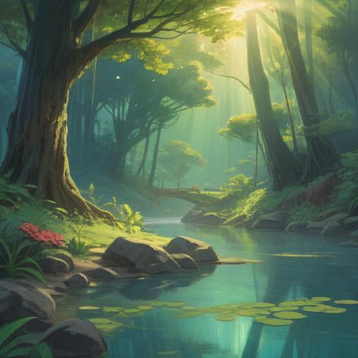 A serene landscape featuring a steaming hot spring surrounded by lush greenery, ethereal light rays breaking through the trees, tranquil water reflecting the soft glow of the surroundings, a peaceful atmosphere conveying spiritual healing, gentle mist rising from the water, symbolic elements of relaxation and rejuvenation, harmonious connection with nature, 4k