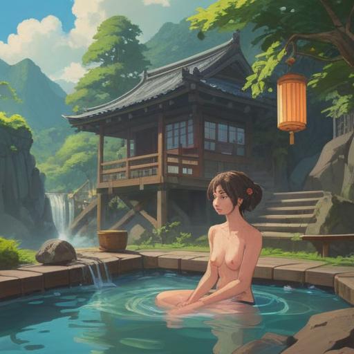 A serene illustration of a person relaxing in an onsen, surrounded by steam and nature, subtle spiritual symbols in the air, gentle glow indicating spiritual signs, calm atmosphere, soft rays of sunlight filtering through trees, tranquil water, soothing presence, vibrant greens and blues, 4k