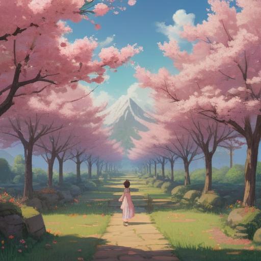 A serene landscape filled with blooming peach trees, soft pink blossoms creating a dreamy atmosphere, delicate fragrance wafting through the air, a meditative figure sitting cross-legged beneath a tree, embodying spiritual awakening and inner peace, calm sunlight filtering through the branches, ethereal glow, tranquil setting, deep connection to nature, 4k