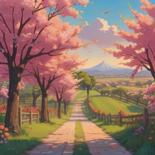 A serene landscape featuring blooming peach orchards, a gentle breeze carrying the sweet scent of peaches, vibrant pink blossoms filling the trees, a tranquil river reflecting the colors of the sunset, a person meditating peacefully amidst nature, depicting emotional richness and tranquility, soft light illuminating the scene, harmonious atmosphere, 4k