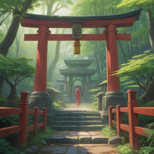 A serene illustration of Higashikurshima Shrine, lush greenery surrounding the shrine, mist enveloping the torii gate, ethereal light filtering through the trees, sense of tranquility and spirituality, traditional Japanese architecture, pilgrims offering prayers, connection to nature and spirituality, 4k