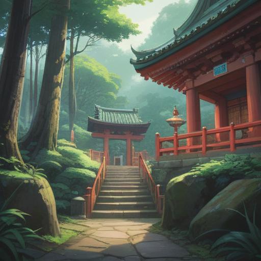 A serene and mystical illustration of the Higashikirishima Shrine, surrounded by lush greenery and gentle mist, a spiritual atmosphere, ethereal light filtering through the trees, symbolic elements like torii gates and lanterns, peaceful visitors seeking guidance, harmonious connection with nature, vibrant colors, tranquil setting, 4k