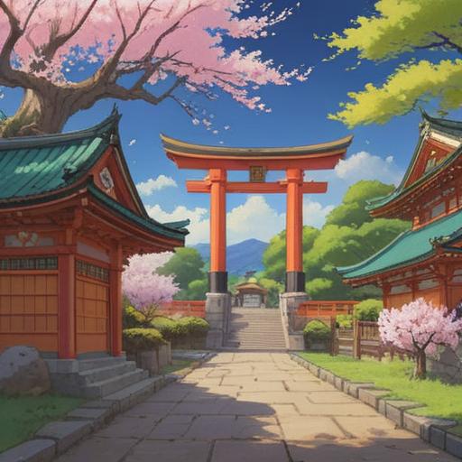 A serene illustration capturing the essence of visiting Higashikurishima Shrine, a lucky item prominently displayed, surrounded by cherry blossom trees in full bloom, a traditional torii gate in the background, warm sunlight filtering through the branches, a calming atmosphere, intricate details on the lucky item, mystical aura, 4k