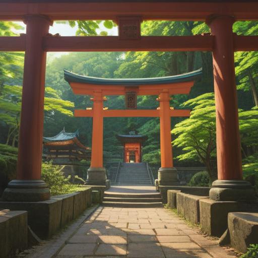 A serene scene at Yasaka Shrine, lush greenery surrounding the torii gate, soft sunlight filtering through the trees, visitors meditating peacefully, spiritual symbols subtly integrated in the environment, an aura of tranquility and positive energy, cherry blossoms in bloom, reflecting a sense of harmony and divine guidance, 4k