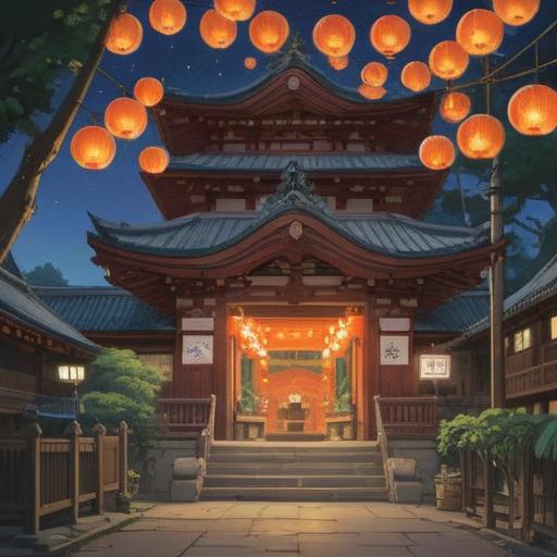 A serene illustration of Yasaka Shrine during a visit, spiritual signs in the surroundings, subtle glowing orbs indicating guidance, soft lantern light illuminating the path, cherry blossoms gently falling, symbolic animals like foxes or turtles, peaceful atmosphere, visitors in traditional clothing, soft pastel colors, detailed architecture of the shrine, 4k