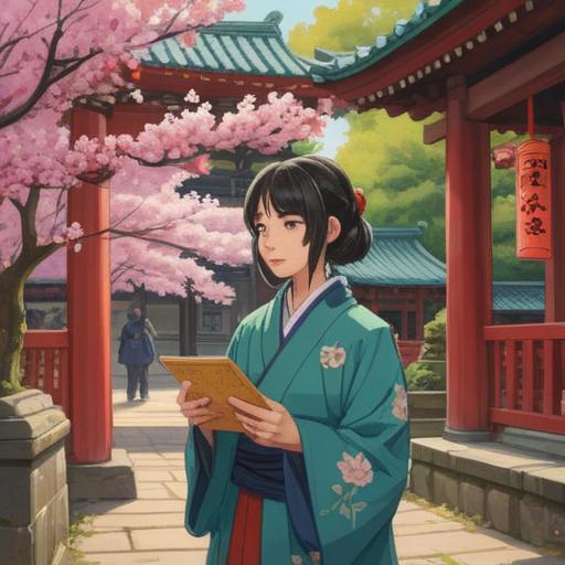 A serene illustration of a visitor at Yasaka Shrine, holding a lucky charm, cherry blossoms in full bloom surrounding the scene, traditional Japanese architecture in the background, a tranquil atmosphere, warm sunlight filtering through the trees, vibrant colors, detailed depiction of the charm, cultural significance highlighted, 4k