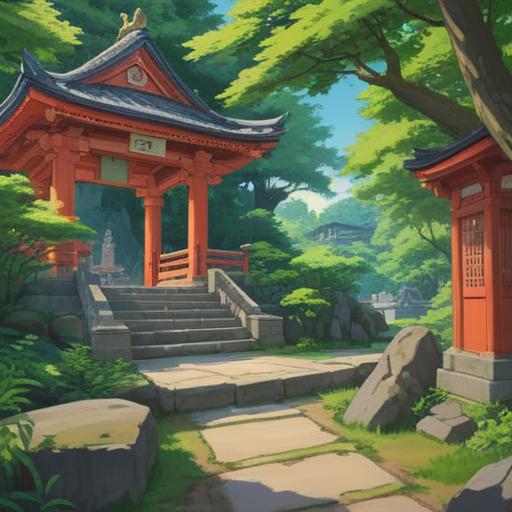 A serene and spiritual scene depicting the Tohoku Sanja Shrine visit, lush greenery surrounding traditional shrines, a peaceful pathway lined with ancient trees, soft light filtering through the leaves, worshippers dressed in traditional attire, bowing in reverence, symbolic offerings placed at the shrines, a sense of tranquility and connection with nature, 4k