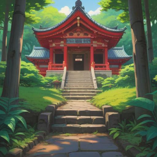 A serene and peaceful depiction of the Tohoku region, featuring three sacred shrines nestled among lush greenery, gentle sunlight filtering through leaves, spiritual symbols woven into the landscape, people in traditional attire engaging in prayer, a tranquil river flowing nearby, harmony with nature, spiritual enlightenment, 4k