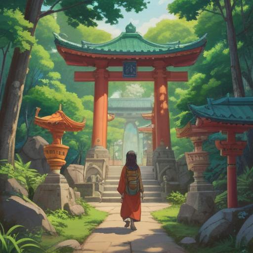 A serene illustration of a spiritual pilgrimage at the three shrines of the eastern country, tranquil atmosphere, vibrant greenery, people engaged in prayer and reflection, symbolic omikuji tied to trees, subtle spiritual signs visible in the environment, thoughtful expressions, traditional Japanese attire, gentle flowing water, harmonious connection with nature, 4k