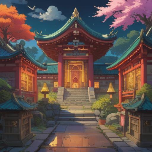 A vibrant illustration of the Three Great Shrines of Eastern Japan, with colorful lucky charms and amulets displayed prominently, serene landscape, visitors appreciating the beauty of the shrines, symbolic elements of fortune and prosperity, intricate details in architecture, harmonious atmosphere, uplifting scene, 4k