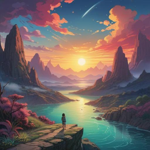 A mystical landscape representing the spiritual significance of longitude 135 degrees east, featuring vibrant natural elements, a serene atmosphere, symbolic motifs depicting guidance and positivity, ethereal light illuminating the scene, harmonious colors, intricate details, calming energy, visual metaphors of hope and enlightenment, 4k