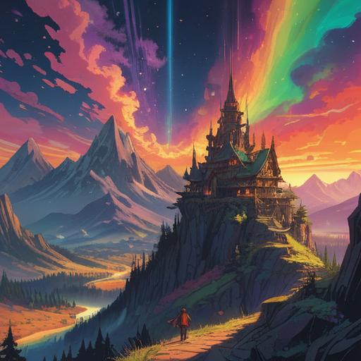 A mystical landscape featuring the line of longitude 135 degrees East, celestial symbols in the sky, vibrant auroras casting an ethereal glow, a person meditating in a serene environment, various spiritual signs like feathers and crystals scattered on the ground, tranquil waters reflecting the cosmos, peaceful atmosphere, captivating colors, nature intertwined with spirituality, high-resolution